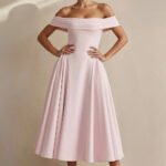 Off The Shoulder Pleated Midi Dress in Pink
