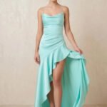 Spaghetti Straps Ruched Maxi Dress in Aqua
