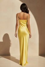 Spaghetti Straps Satin Cutout Maxi Dress in Yellow - Image 4