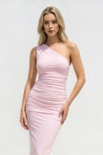 One Shoulder Ruched Sheath Maxi Dress in Blush - Image 3