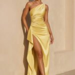 One Shoulder Ruched Gown With Slit in Yellow