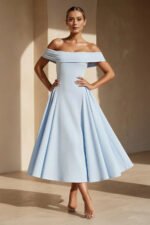 Off The Shoulder Pleated Midi Dress in Sky Blue - Image 3