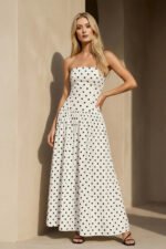 Strapless Polka Dot Maxi Dress in White - Image 2