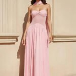 Strapless Pleated Maxi Dress With Scarf in Pink