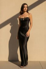Spaghetti Straps Satin Cutout Maxi Dress in Black - Image 4