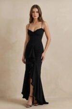 Ruched Maxi Dress With Ruffles in Black - Image 5