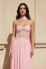 Strapless Pleated Maxi Dress With Scarf in Pink - Image 3