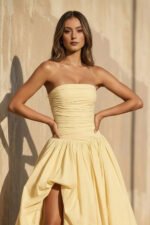 Strapless Ruched Gown With Slit in Yellow - Image 3