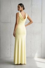 Cowl Neck Ruched Maxi Dress With Slit in Yellow - Image 3