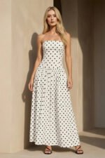 Strapless Polka Dot Maxi Dress in White - Image 4