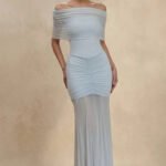 Off The Shoulder Pleated Midi Dress in Sky Blue