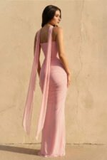 Strapless Pleated Maxi Dress With Scarf in Blush - Image 3