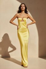 Spaghetti Straps Satin Cutout Maxi Dress in Yellow - Image 5