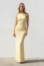 One Shoulder Ruched Sheath Maxi Dress in Yellow - Image 3