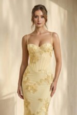 Spaghetti Straps Sheath Maxi Dress With Floral Embroidery in Yellow - Image 3