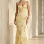 Spaghetti Straps Sheath Maxi Dress With Floral Embroidery in Yellow