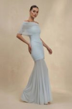 Off The Shoulder Pleated Midi Dress in Sky Blue - Image 2