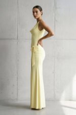 Cowl Neck Ruched Maxi Dress With Slit in Yellow - Image 5
