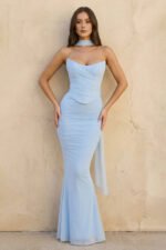 Strapless Pleated Maxi Dress With Scarf in Sky Blue - Image 5