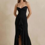 Ruched Maxi Dress With Ruffles in Black