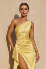 One Shoulder Ruched Gown With Slit in Yellow - Image 4