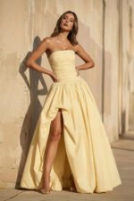 Strapless Ruched Gown With Slit in Yellow - Image 2