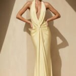 Halter Pleated Backless Maxi Dress in Yellow
