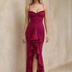 Ruched Maxi Dress With Ruffles in Burgundy