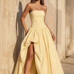 Strapless Ruched Gown With Slit in Yellow