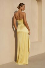 One Shoulder Ruched Gown With Slit in Yellow - Image 5