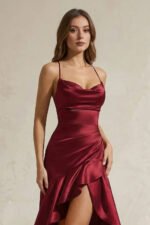 Mermaid High-Low Satin Ruffled Long Prom Dress in Burgundy - Image 2