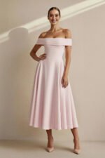 Off The Shoulder Pleated Midi Dress in Pink - Image 3