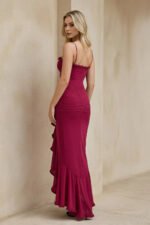 Ruched Maxi Dress With Ruffles in Burgundy - Image 3