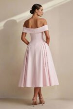 Off The Shoulder Pleated Midi Dress in Pink - Image 5