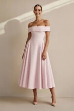 Off The Shoulder Pleated Midi Dress in Pink - Image 4