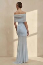 Off The Shoulder Pleated Midi Dress in Sky Blue - Image 3