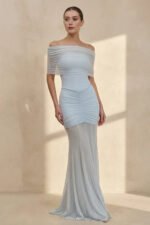 Off The Shoulder Pleated Midi Dress in Sky Blue - Image 4