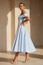Off The Shoulder Pleated Midi Dress in Sky Blue - Image 4